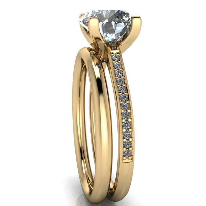 Rings Fire Brilliance Leilah Round Center Stone Wide V 4 Prong with Micro Prong Diamond Sides Pinched Solitaire Ring