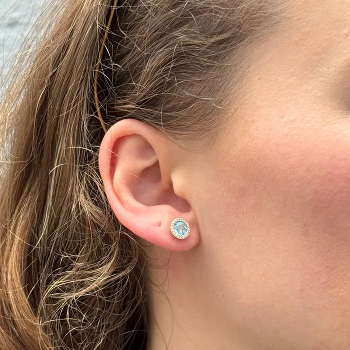 Earrings Croghans Blue Topaz Diamond Halo 14K Yellow Gold Martini Stud Earrings