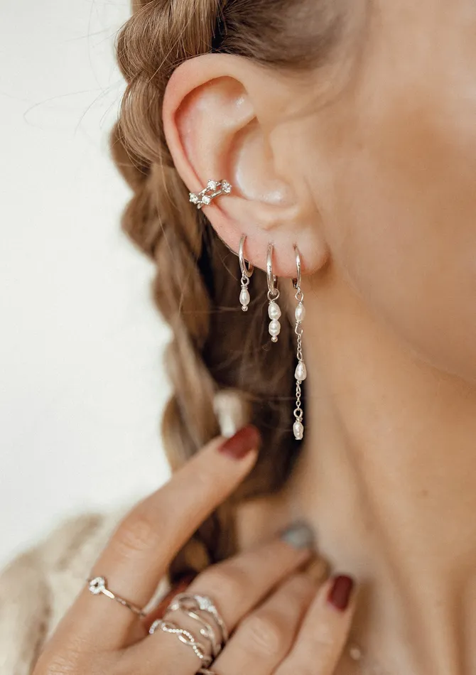Earrings Hey Happiness Triple Pearl Huggie Earrings Sterling Silver Earrings Hey Happiness Triple Pearl Huggie Earrings Sterling Silver
