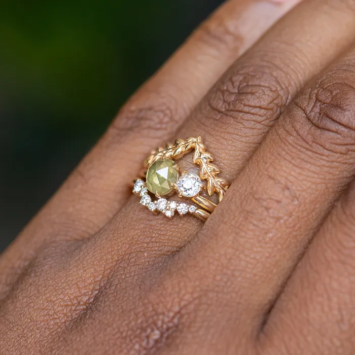 102ct Rosecut Green Diamond and 027ct Antique Old Mine Cut Diamond Ring in 18k Yellow Gold Anueva Jewelry Rings