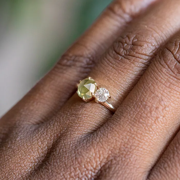 102ct Rosecut Green Diamond and 027ct Antique Old Mine Cut Diamond Ring in 18k Yellow Gold Anueva Jewelry Rings