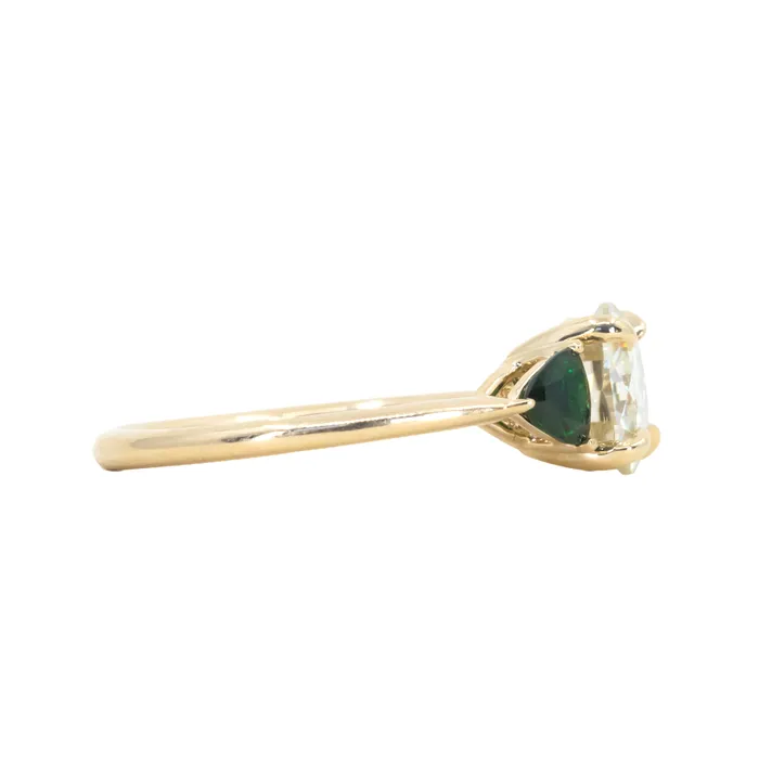 Anueva Jewelry Rings Old European Cut Moissanite and Tsavorite Garnet Three Stone Ring in 14k Yellow Gold