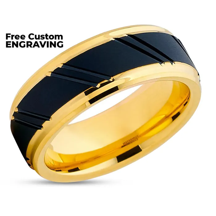 Clean Casting Jewelry Rings Mens Wedding Band Yellow Gold Tungsten Yellow Gold Tungsten Ring Black Wedding Ring