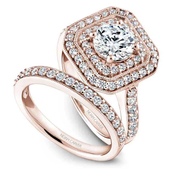 Noam Carver Rose Gold Channel Set Diamond Engagement Ring Setting with Double Halo 064 CTW International Diamond Center Rings