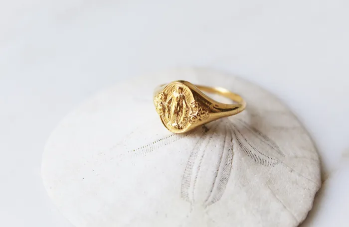 The Little Catholic Rings Miraculous Medal Signet Ring in Gold Vermeil